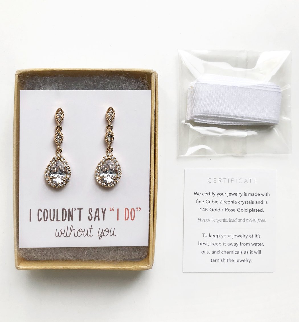 A+O Bridesmaid Earrings, Teardrop Cubic Zirconia Crystal Earrings in Silver, Gold, Rose Gold - Image 4