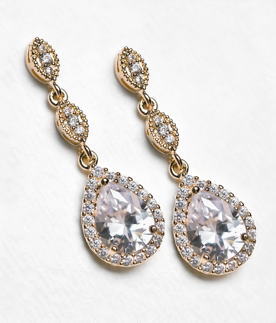 A+O Bridesmaid Earrings, Teardrop Cubic Zirconia Crystal Earrings in Silver, Gold, Rose Gold - Image 5