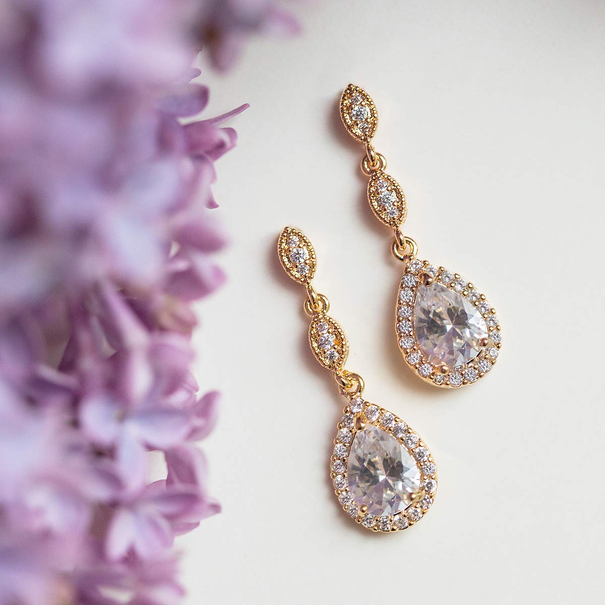 A+O Bridesmaid Earrings, Teardrop Cubic Zirconia Crystal Earrings in Silver, Gold, Rose Gold - Image 7