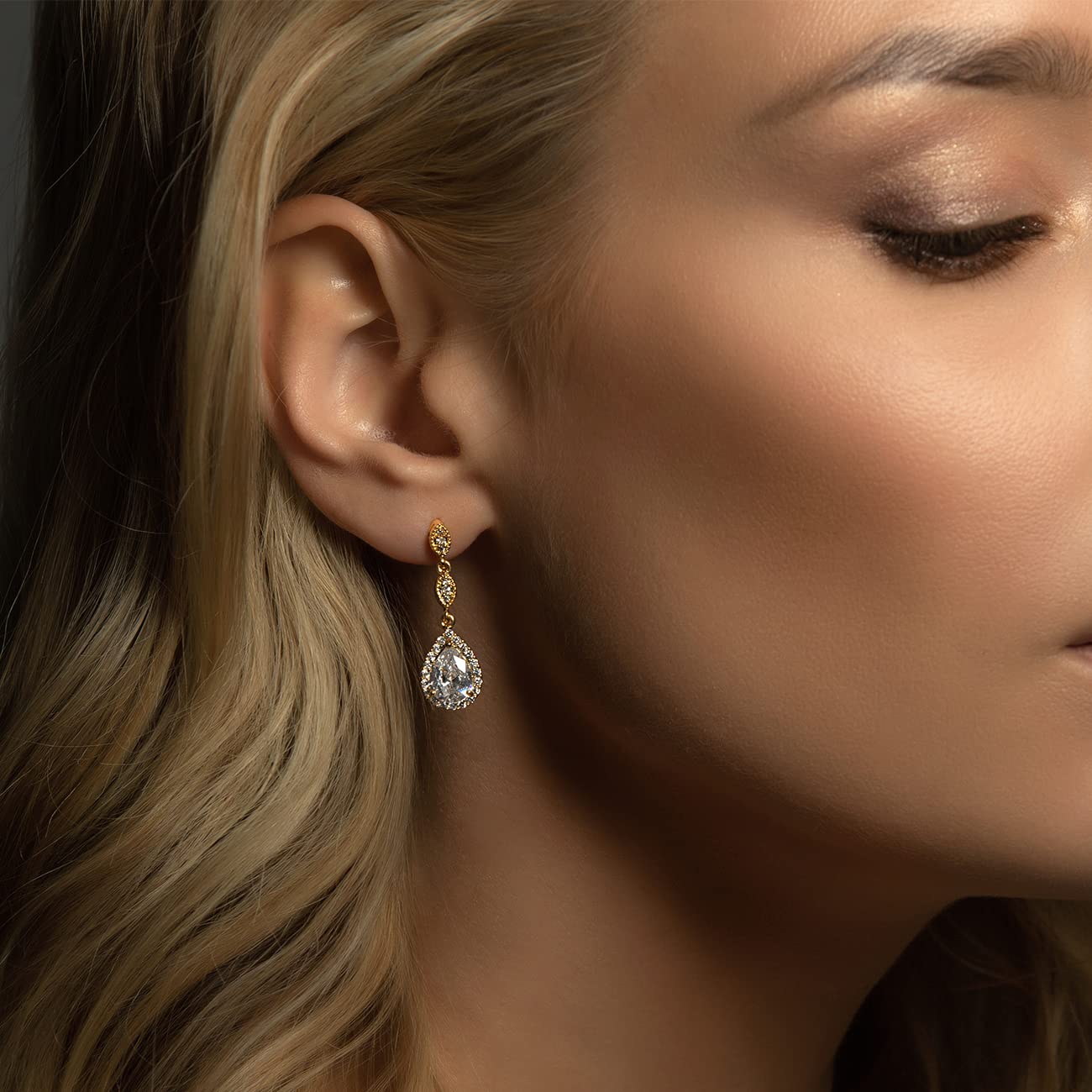 A+O Bridesmaid Earrings, Teardrop Cubic Zirconia Crystal Earrings in Silver, Gold, Rose Gold - Image 9