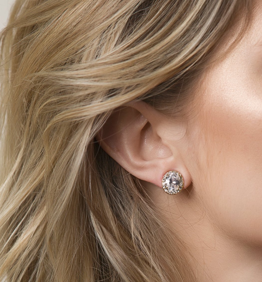 A+O Bridesmaid Gift Oval Crystal Stud Earrings in Gold, Rose Gold, Silver - Image 3