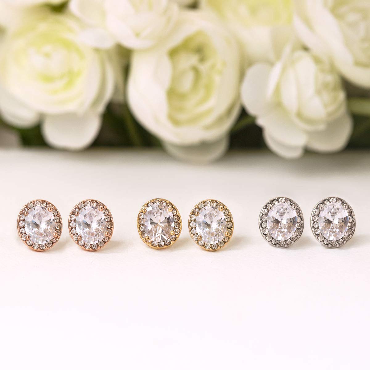 A+O Bridesmaid Gift Oval Crystal Stud Earrings in Gold, Rose Gold, Silver - Image 6