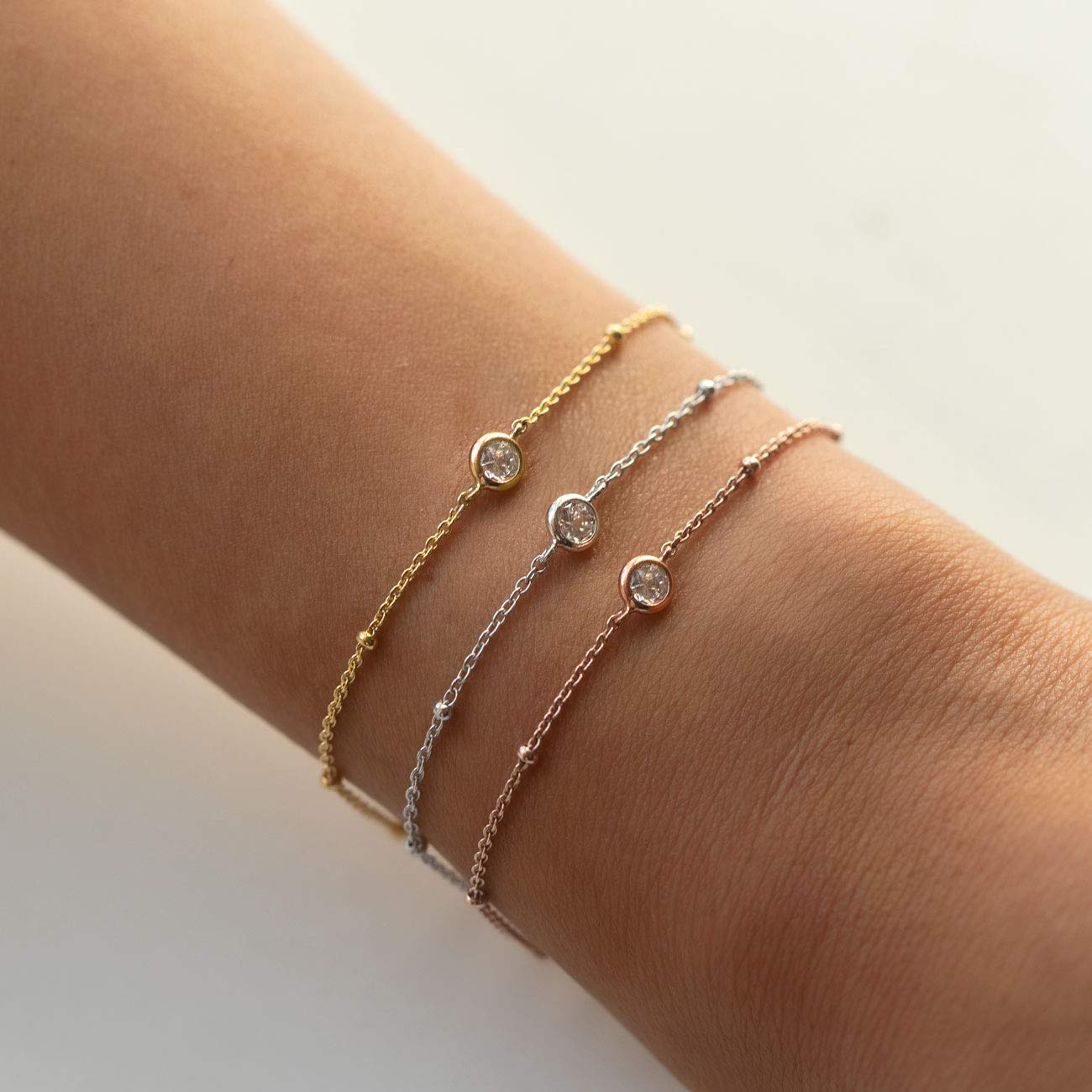 A+O Friendship Bracelet, Tiny Crystal Dainty Chain Bracelet in Gold, Rose Gold, Sterling Silver - Image 3