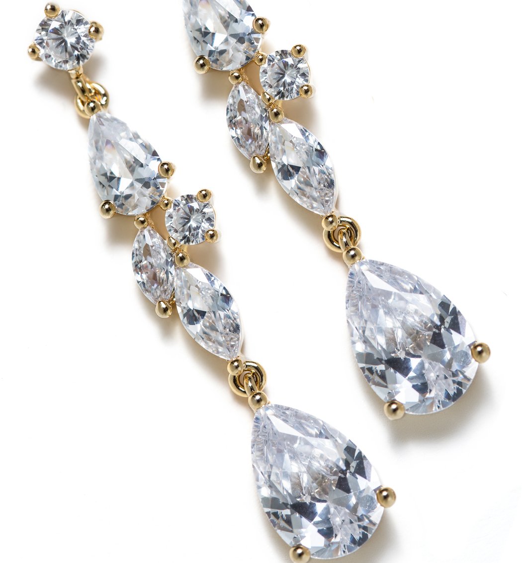 A+O Wedding Bridal Long Drop Crystal Earrings in Gold or Silver - Image 3