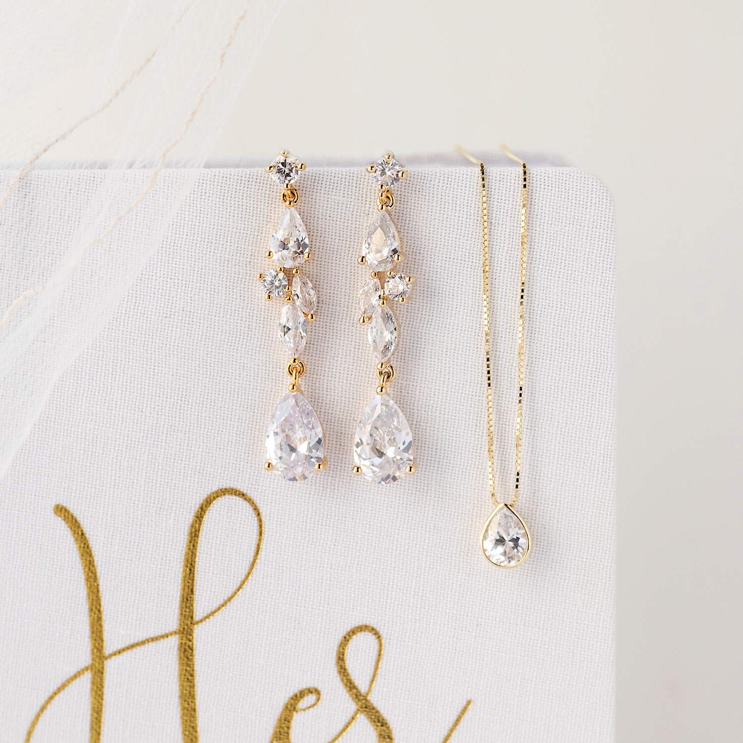 A+O Wedding Bridal Long Drop Crystal Earrings in Gold or Silver - Image 6