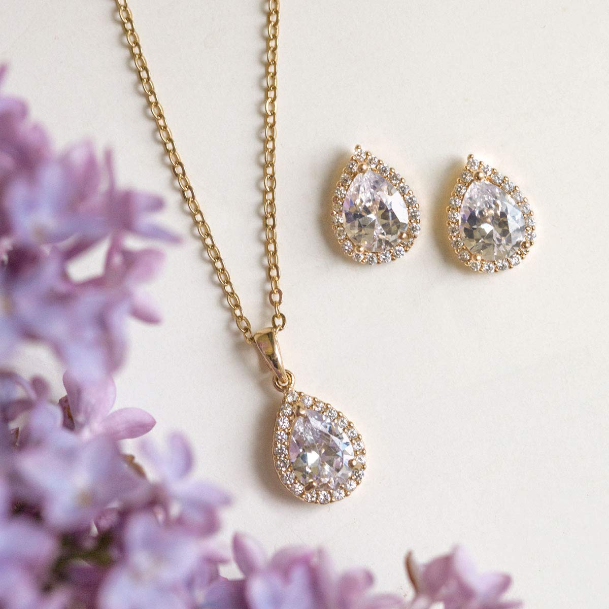 A+O Wedding Jewelry Set, Tear Drop Necklace and Earrings Set in Gold, Rose Gold, Silver - Image 5