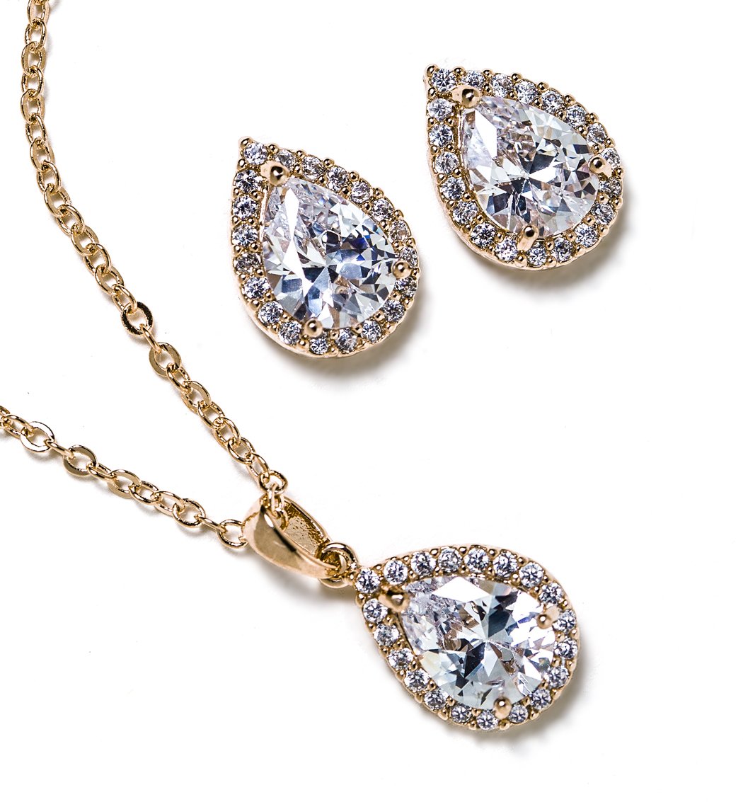 A+O Wedding Jewelry Set, Tear Drop Necklace and Earrings Set in Gold, Rose Gold, Silver - Image 6