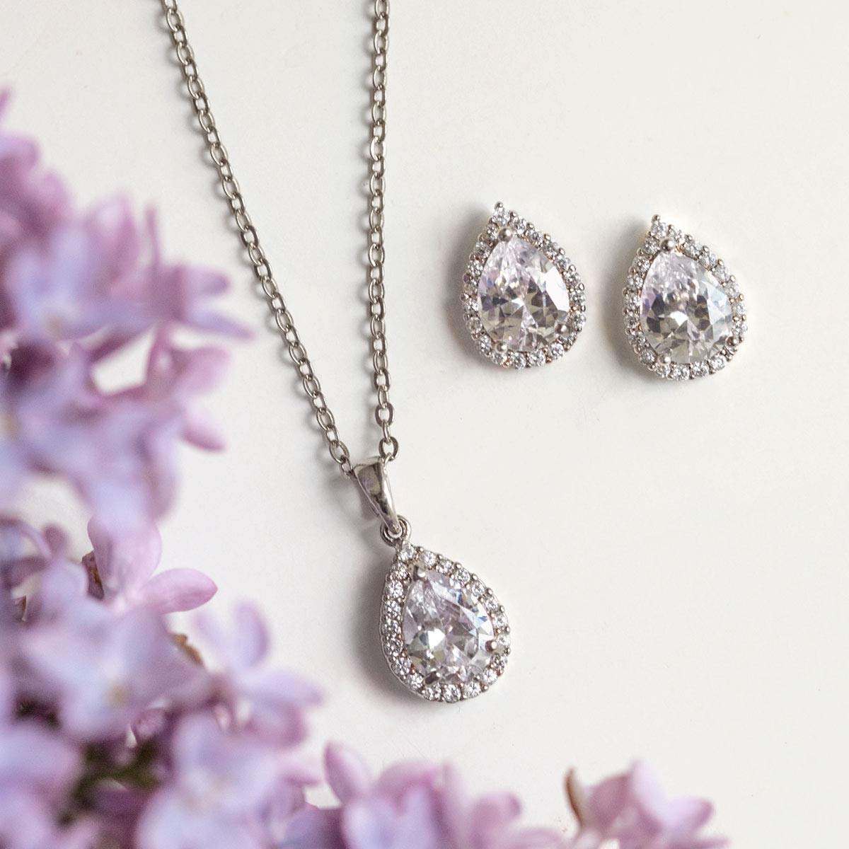 A+O Wedding Jewelry Set, Tear Drop Necklace and Earrings Set in Gold, Rose Gold, Silver - Image 4