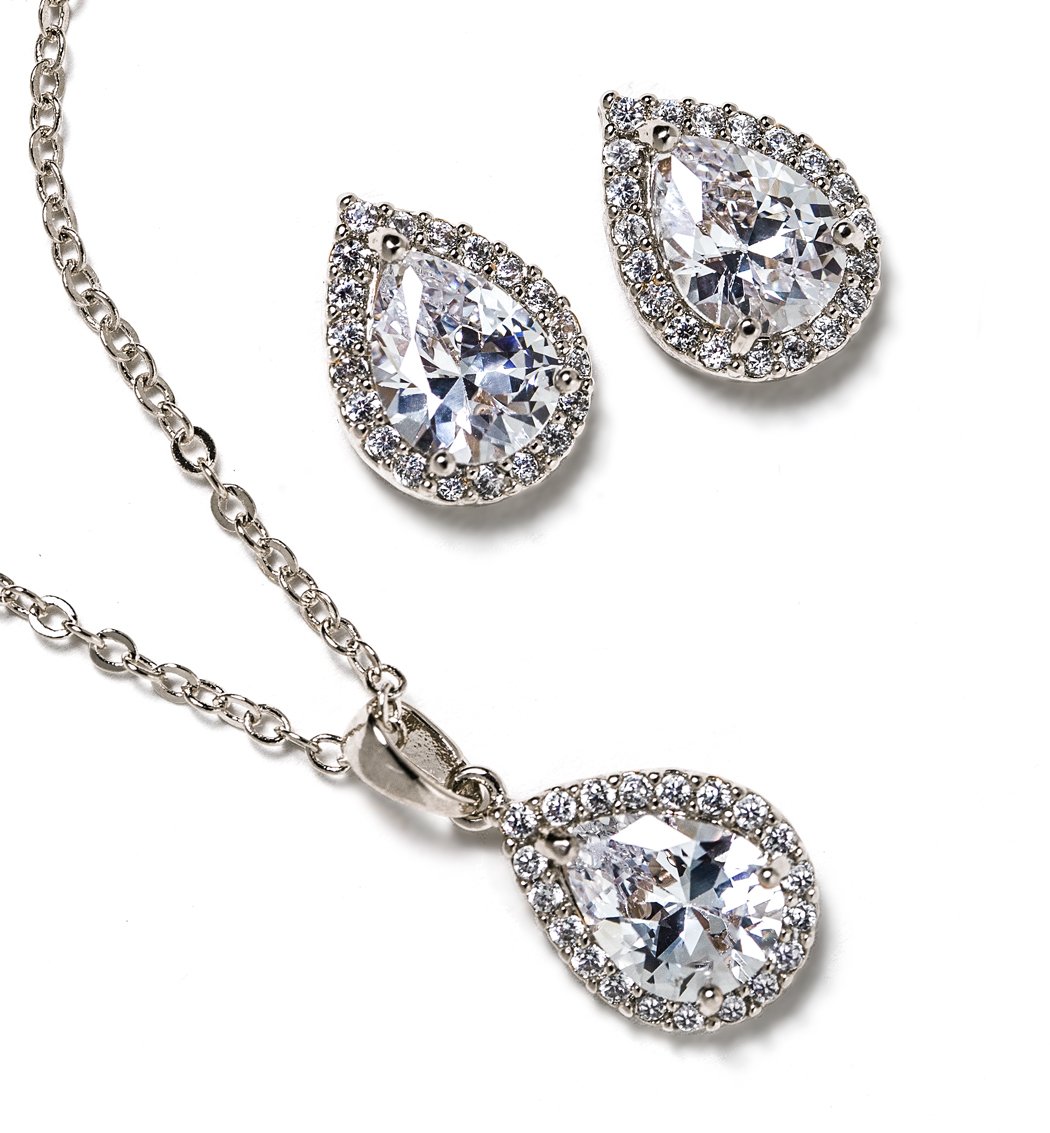 A+O Wedding Jewelry Set, Tear Drop Necklace and Earrings Set in Gold, Rose Gold, Silver - Image 6